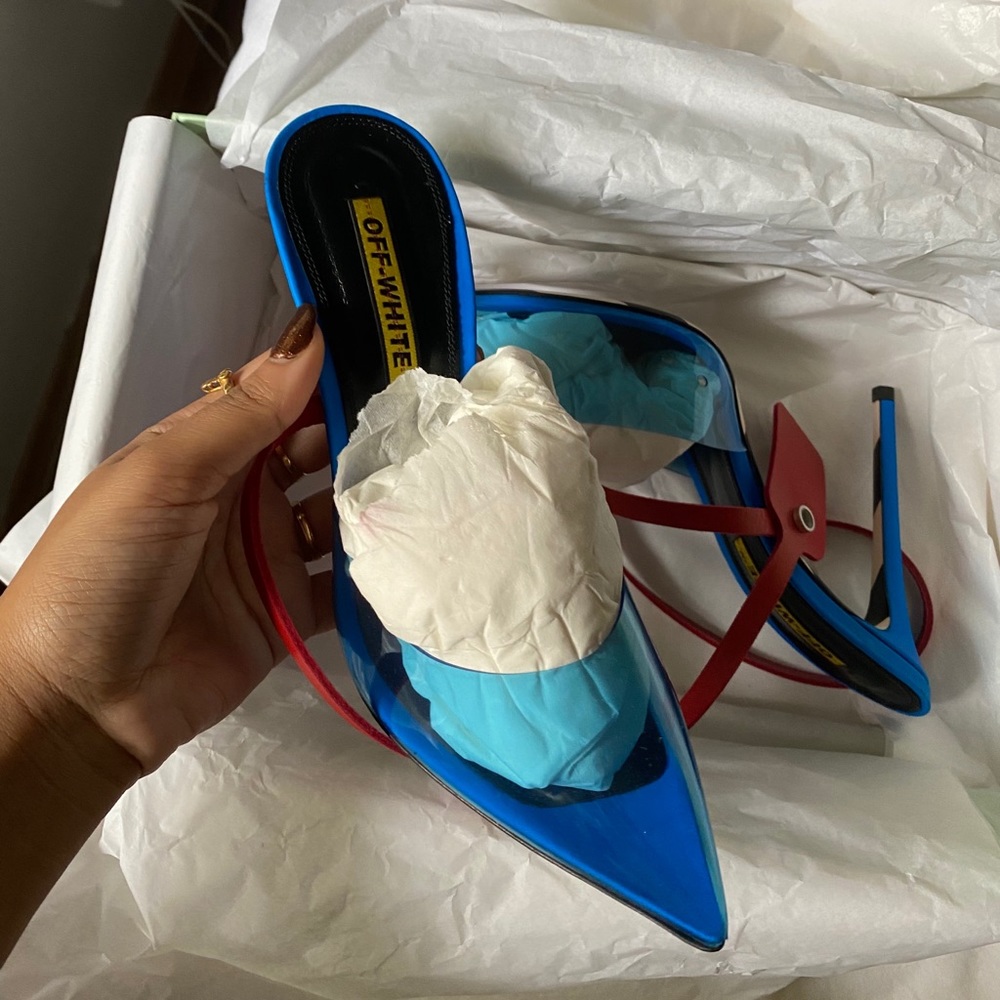 Off white zip-Tie heels/ mules